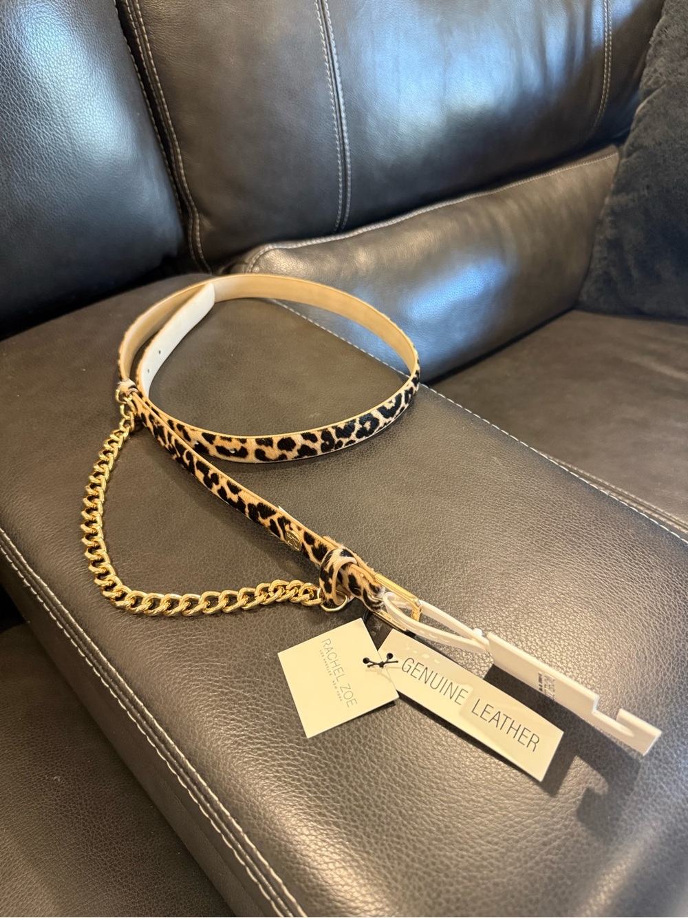 Rachel Zoe Leopard Print Genuine Leather Belt with Gold Chain 🐆⛓️